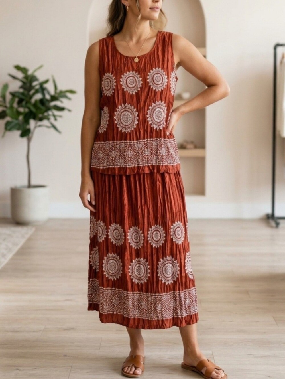 Vintage Judith Hart Pleated Copper Floral Bohemian 2 Pc. Skirt Set Size 12P
